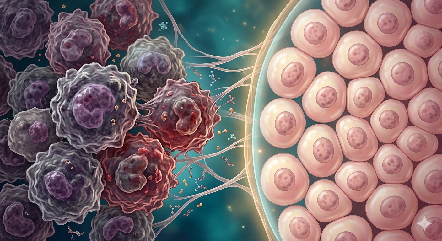 A medical illustration depicting abnormal cancer cells alongside healthy tissue, illustrating what causes cancer cell mutations and how alternative remedies target root triggers.